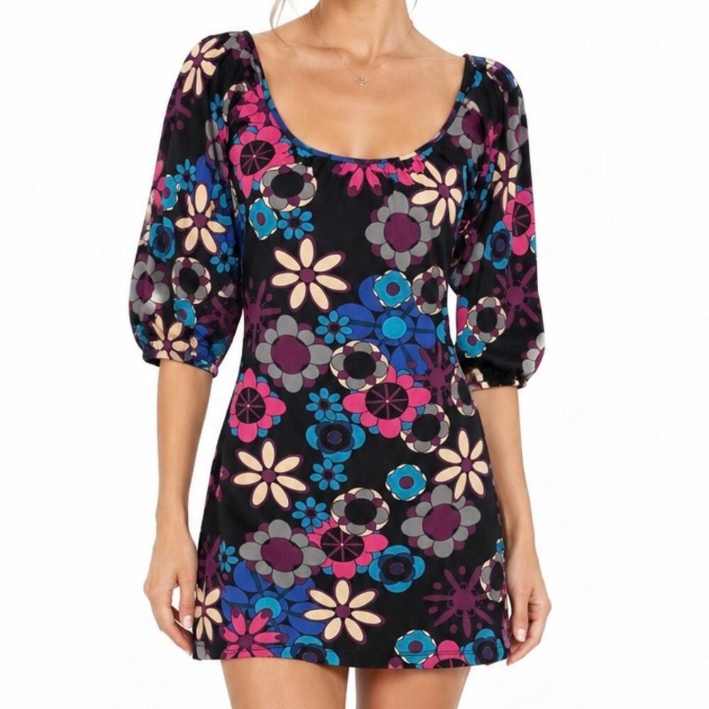 Miss Chievous Y2K Floral Black Mini Dress – 70s Retro Puff Sleeve Small
